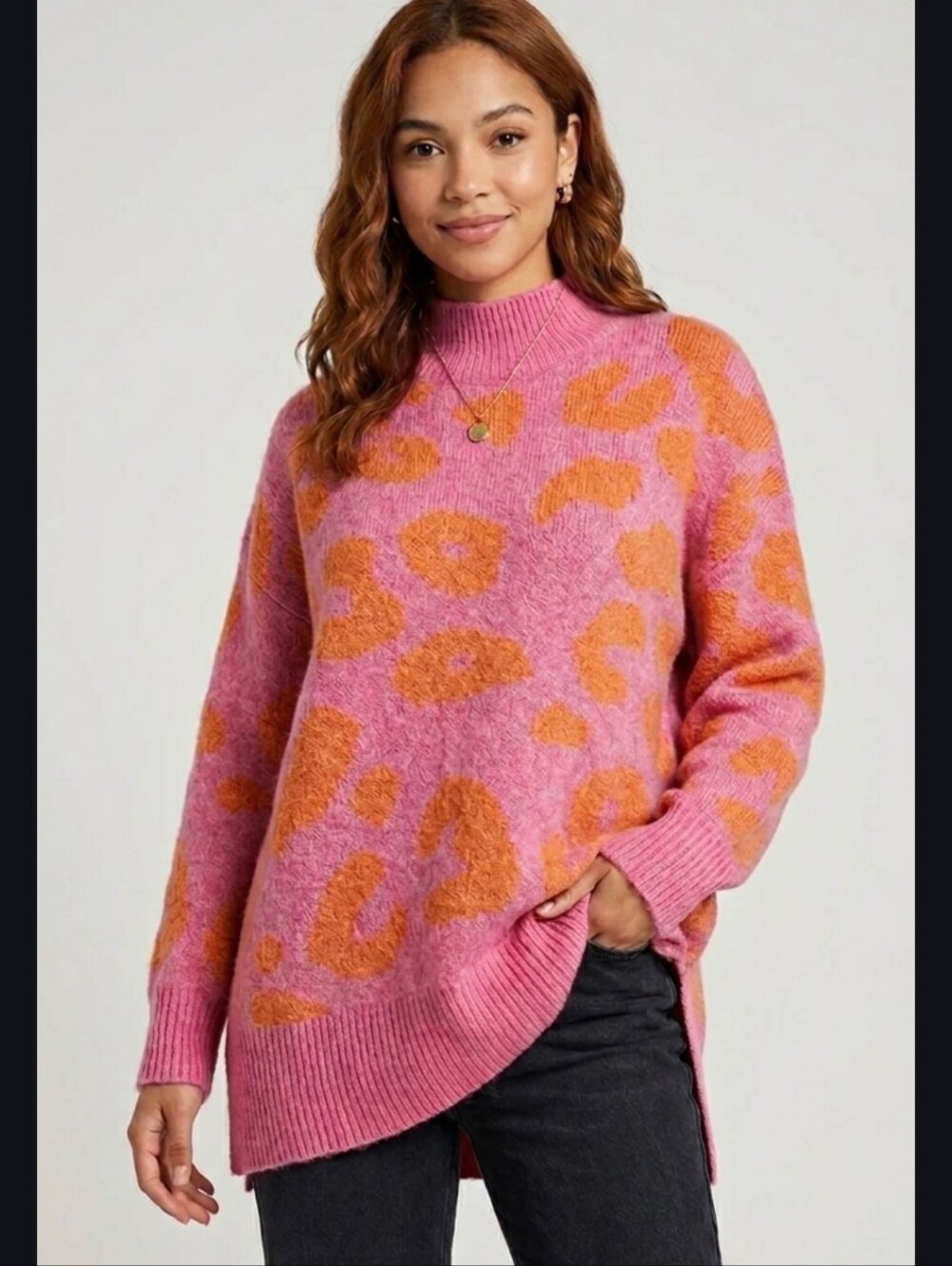 New J. Marie Womens Pink Orange Animal Print Knitted Relaxed Sweater Small